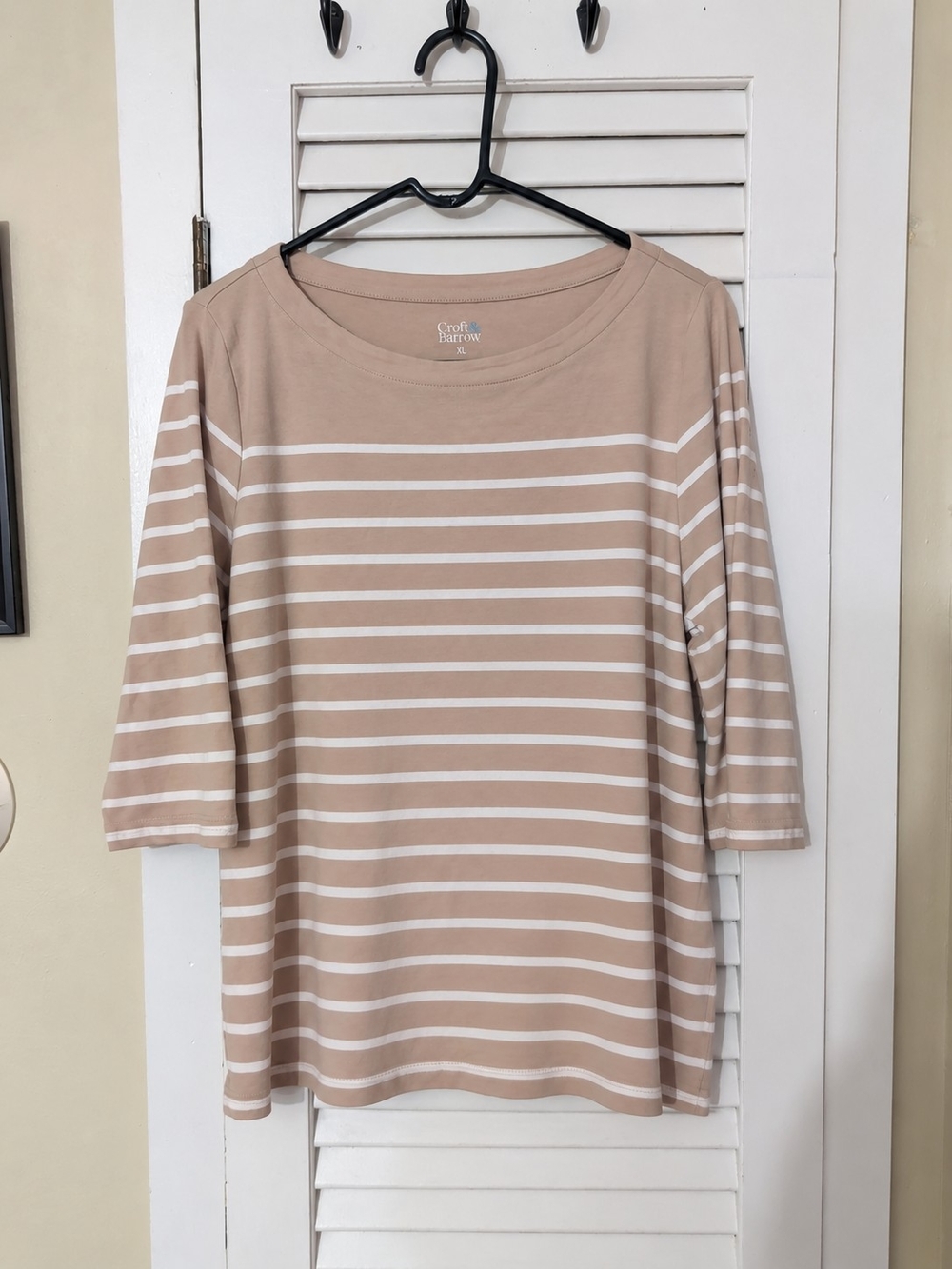 croft & barrow Beige and White Striped 3/4 Sleeve Boatneck Top
